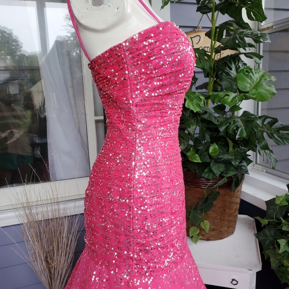 Tiffany Designs Pink Chiffon Sequined Rhinestones Mermaid Pageant / Prom Dress - Picture 12 of 15